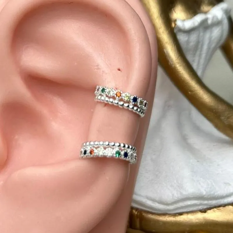 Piercing Fake Duplo Color Com Zirconia Banhado a Prata