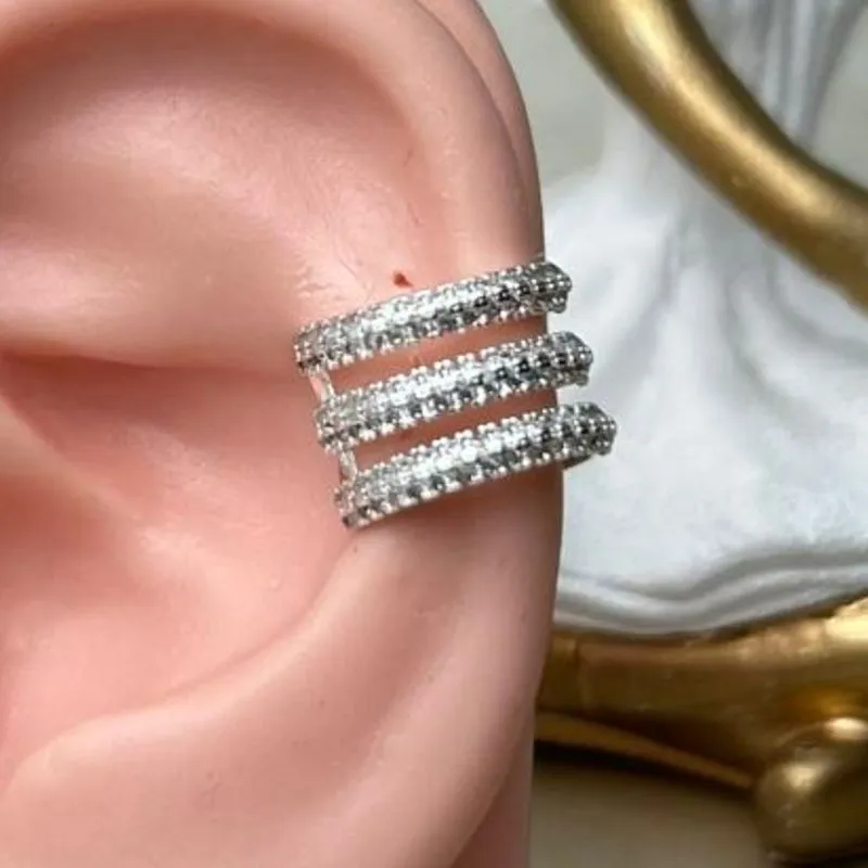 Piercing Fake Três Tiras Cravejadas Banhado a Prata