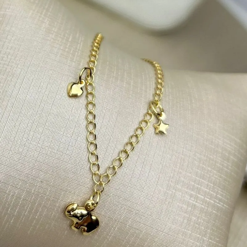 Tornozeleira com Elefante e 2 Pedrinhas de Zirconia Banhado a Ouro