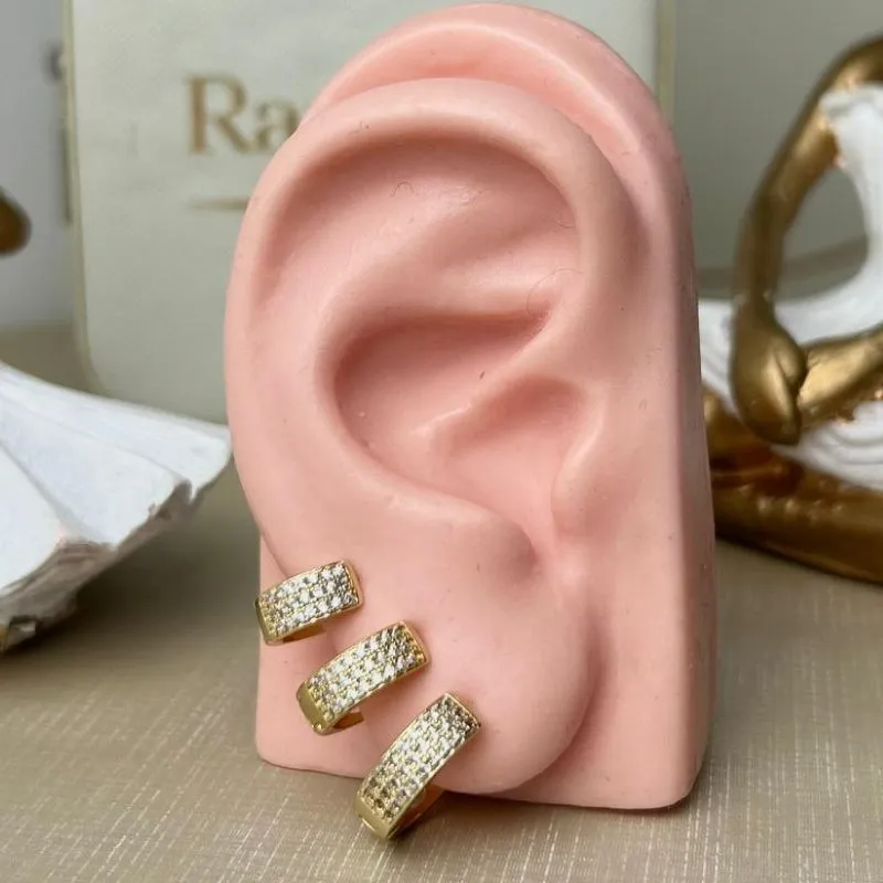 Trio de Argola Três fileiras Cravejadas Banhado a Ouro