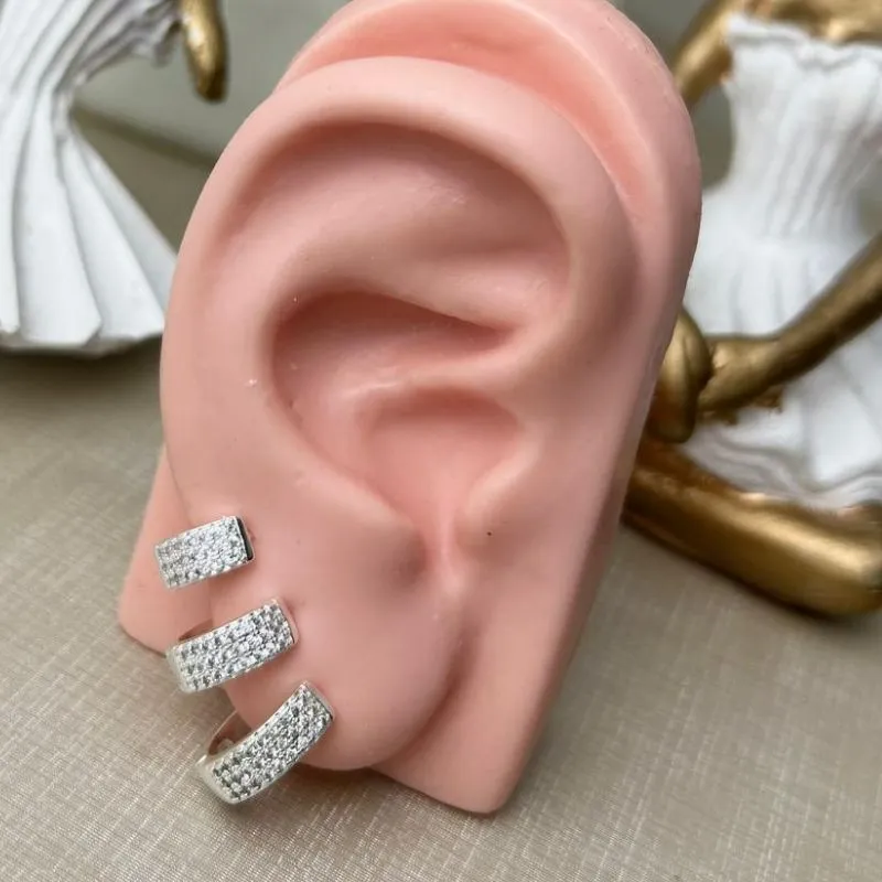 Trio de Argola Três fileiras Cravejadas Banhado a Prata