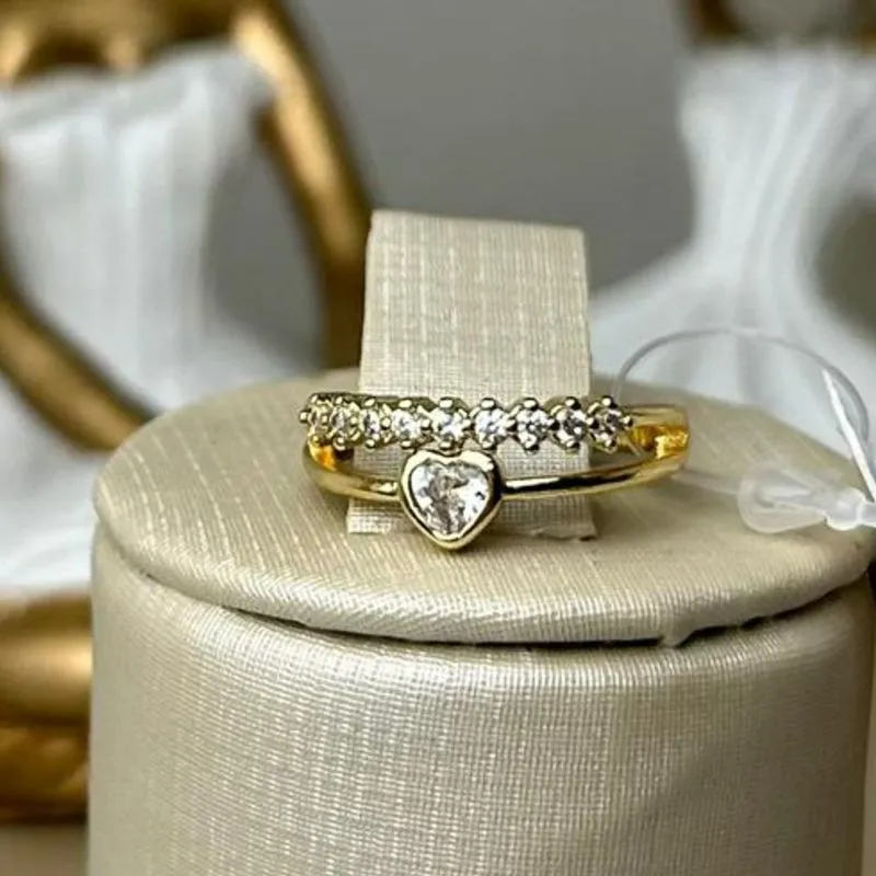 Anel Zirconia Coração  Duplo Banhado a Ouro