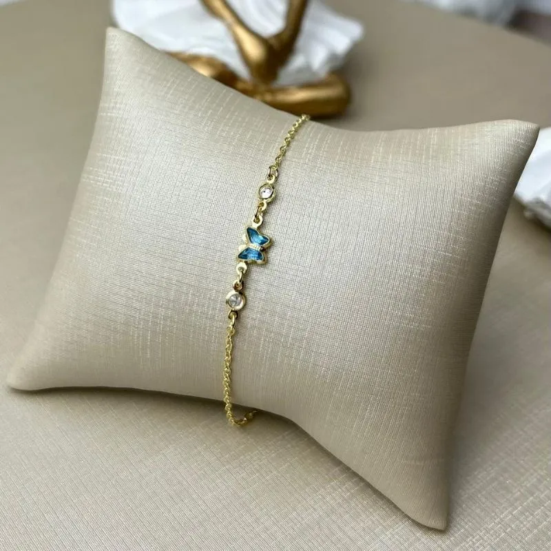 Pulseira Infantil Catarina Borboleta Azul Banhada a Ouro