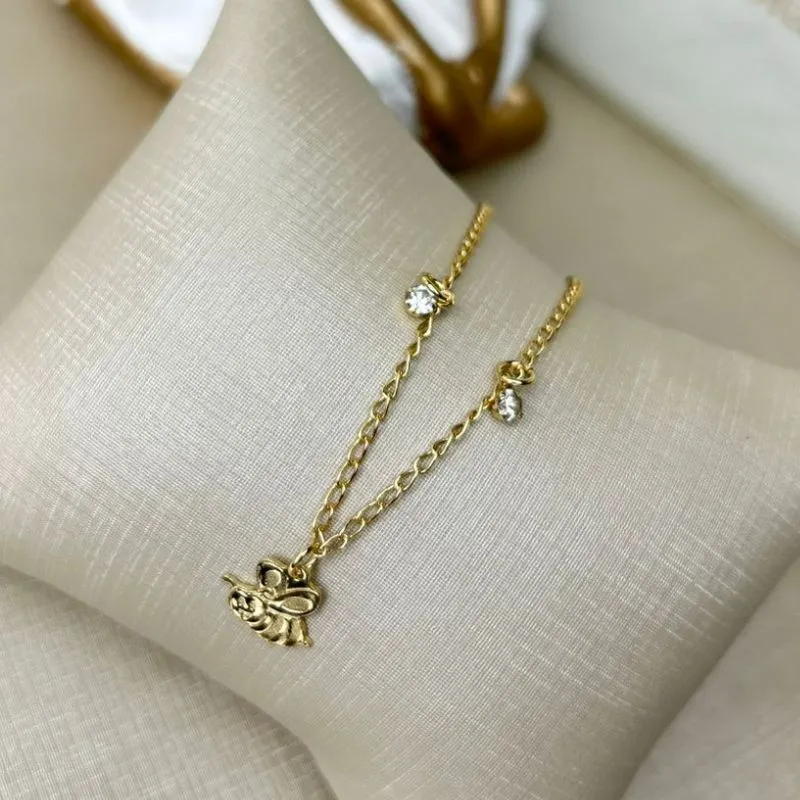 Tornozeleira Abelhinha Com 2 Pedrinhas de Zirconia Banhado a Ouro