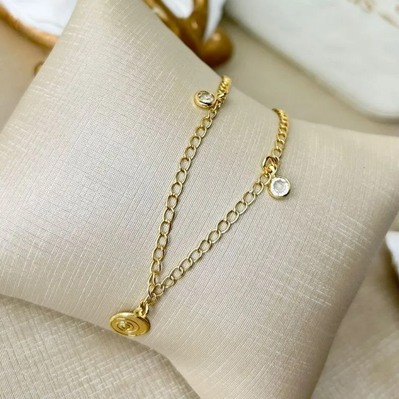 Tornozeleira Hipnose com 2 Pedrinhas de Zirconia Banhado a Ouro